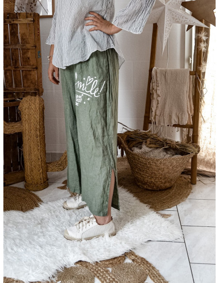 Pantalon en lin ample pour femme couleur KAKI made in italy inscription SMILE LOVE AT FIRST SIGHT