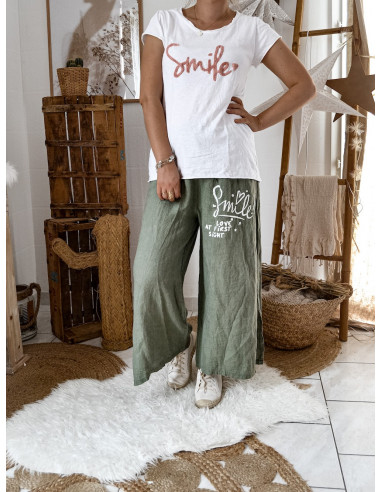 Pantalon en lin ample pour femme couleur KAKI made in italy inscription SMILE LOVE AT FIRST SIGHT