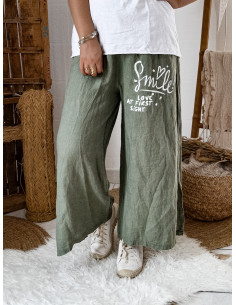 Pantalon en lin ample pour femme couleur KAKI made in italy inscription SMILE LOVE AT FIRST SIGHT