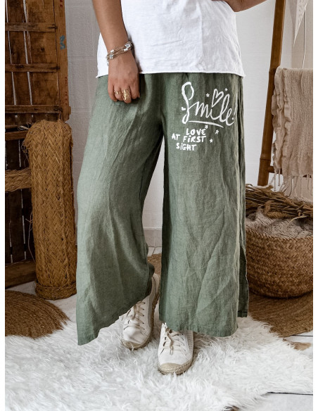 Pantalon en lin ample pour femme couleur KAKI made in italy inscription SMILE LOVE AT FIRST SIGHT