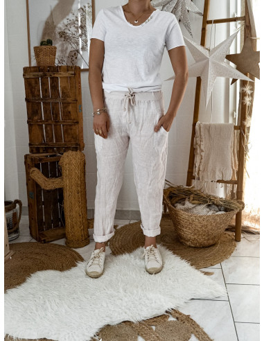 PANTALON EN LIN POUR FEMME ROSE PALE POUDRÉ MADE IN ITALY