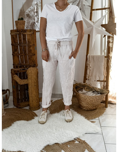 PANTALON EN LIN POUR FEMME ROSE PALE POUDRÉ MADE IN ITALY