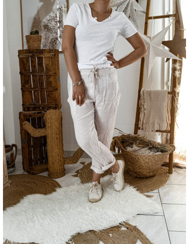 PANTALON EN LIN POUR FEMME ROSE PALE POUDRÉ MADE IN ITALY