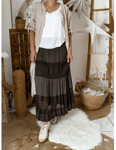 Jupe longue viscose fluide marron chocolat avec dentelle boheme chic made in italy 2
