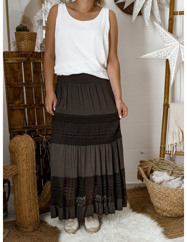 Jupe longue viscose fluide marron chocolat avec dentelle boheme chic made in italy