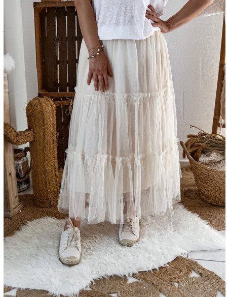 JUPE FEMME TUTU JUPON EN TULLE UNI TUTU LONG DROIT ÉCRU 3 ÉTAGES