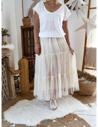 JUPE FEMME TUTU JUPON EN TULLE UNI TUTU LONG DROIT ÉCRU 3 ÉTAGES