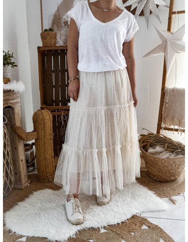 JUPE FEMME TUTU JUPON EN TULLE UNI TUTU LONG DROIT ÉCRU 3 ÉTAGES