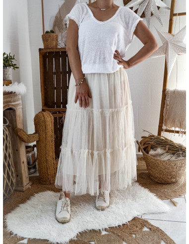 JUPE FEMME TUTU JUPON EN TULLE UNI TUTU LONG DROIT ÉCRU 3 ÉTAGES