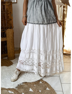 Jupe longue coton fluide blanche avec dentelle boheme chic made in italy