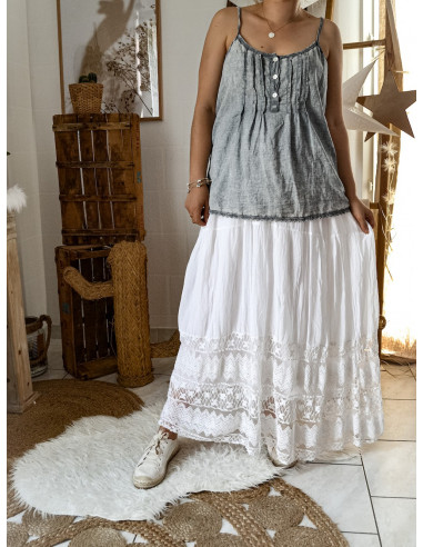 Jupe longue coton fluide blanche avec dentelle boheme chic made in italy Jupe longue coton fluide blanche avec dentelle boheme chic made in italy