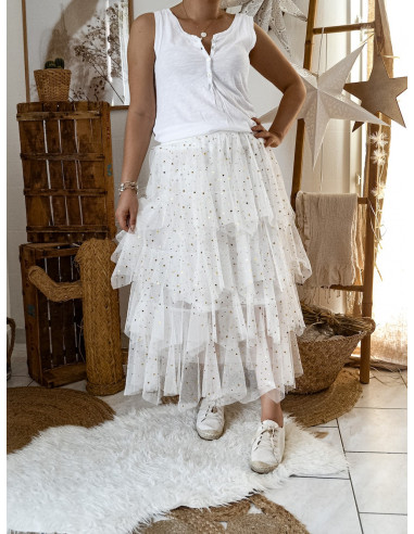JUPE FEMME TUTU JUPON EN TULLE AVEC MOTIF ÉTOILES, POIS ET LUNES BLANC FROUFROU 4 ETAGES
