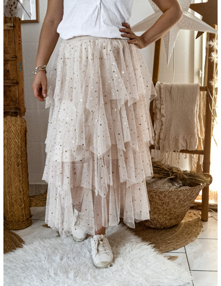 JUPE FEMME TUTU JUPON EN TULLE AVEC MOTIF ÉTOILES, POIS ET LUNES Beige FROUFROU 4 ETAGES JUPE FEMME TUTU JUPON EN TULLE AVEC MOTIF ÉTOILES, POIS ET LUNES Beige FROUFROU 4 ETAGES