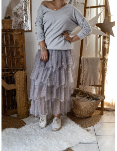 JUPE FEMME TUTU JUPON EN TULLE AVEC MOTIF ÉTOILES, POIS ET LUNES GRISE FROUFROU 4 ETAGES 2