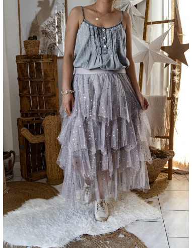 JUPE FEMME TUTU JUPON EN TULLE AVEC MOTIF ÉTOILES, POIS ET LUNES GRISE FROUFROU 4 ETAGES