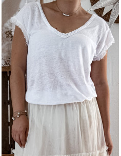 Tee shirt femme blanc en maille de lin COL V dos decolleté v bohème chic MADE IN ITALY