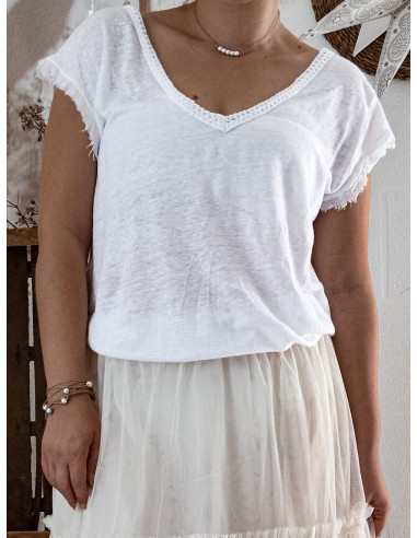 Tee shirt femme blanc en maille de lin COL V dos decolleté v bohème chic MADE IN ITALY