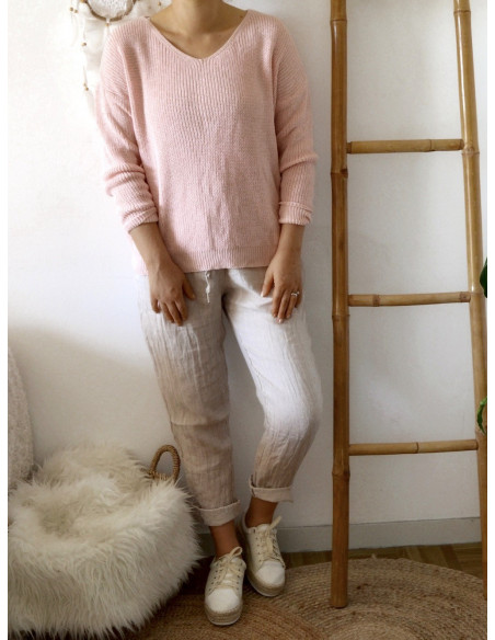 PULL FEMME COL V EN GROSSE MAILLE DE COTON ROSE DOS DECOLLETÉ OUVERT RUBAN LAÇAGE