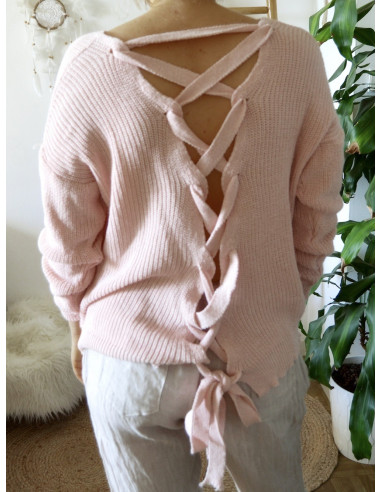 PULL FEMME COL V EN GROSSE MAILLE DE COTON ROSE DOS DECOLLETÉ OUVERT RUBAN LAÇAGE