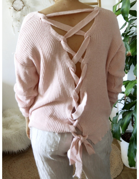 PULL FEMME COL V EN GROSSE MAILLE DE COTON ROSE DOS DECOLLETÉ OUVERT RUBAN LAÇAGE
