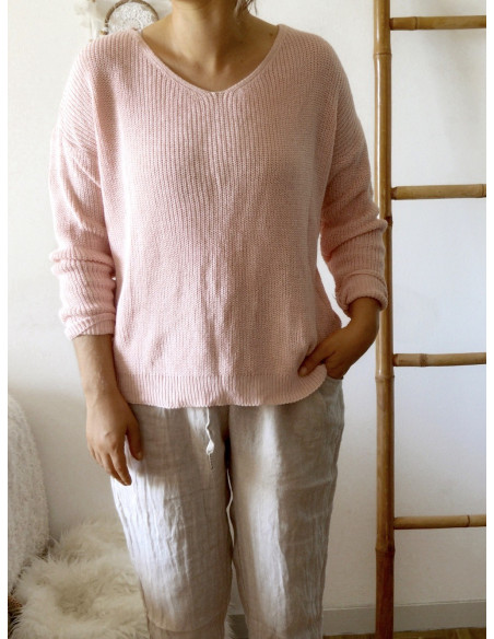 PULL FEMME COL V EN GROSSE MAILLE DE COTON ROSE DOS DECOLLETÉ OUVERT RUBAN LAÇAGE