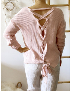 PULL FEMME COL V EN GROSSE MAILLE DE COTON ROSE DOS DECOLLETÉ OUVERT RUBAN LAÇAGE 2