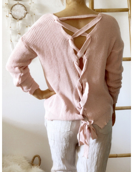 PULL FEMME COL V EN GROSSE MAILLE DE COTON ROSE DOS DECOLLETÉ OUVERT RUBAN LAÇAGE
