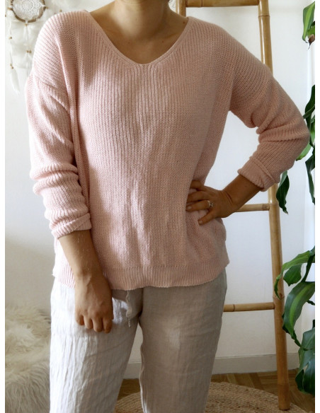 PULL FEMME COL V EN GROSSE MAILLE DE COTON ROSE DOS DECOLLETÉ OUVERT RUBAN LAÇAGE
