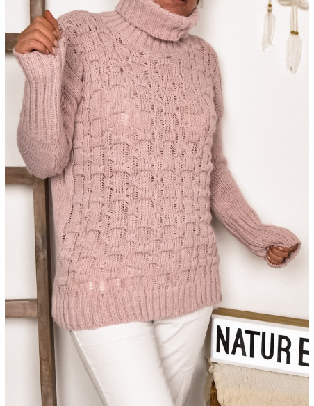 Pull femme avec laine et alpaga col roulé, pull rose pale poudré maille carrée made in italy fente superposition Pull femme avec laine et alpaga col roulé, pull rose pale poudré maille carrée made in italy fente superposition