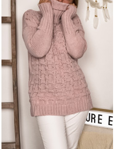 Pull femme avec laine et alpaga col roulé, pull rose pale poudré maille carrée made in italy fente superposition 2