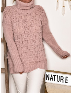 Pull femme avec laine et alpaga col roulé, pull rose pale poudré maille carrée made in italy fente superposition