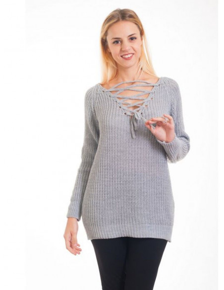 PULL FEMME AVEC LAINE COL V ENCOLURE LACET LACÉ LAÇAGE GRIS SOURIS MADE IN ITALY PULL HIVER CHAUD FEMME LACET