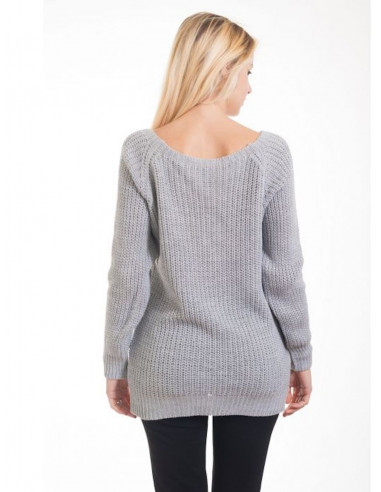 PULL FEMME AVEC LAINE COL V ENCOLURE LACET LACÉ LAÇAGE GRIS SOURIS MADE IN ITALY PULL HIVER CHAUD FEMME LACET