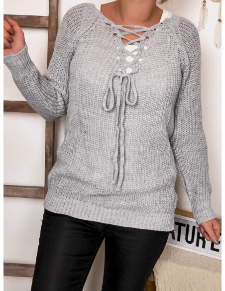 PULL FEMME AVEC LAINE COL V ENCOLURE LACET LACÉ LAÇAGE GRIS SOURIS MADE IN ITALY PULL HIVER CHAUD FEMME LACET