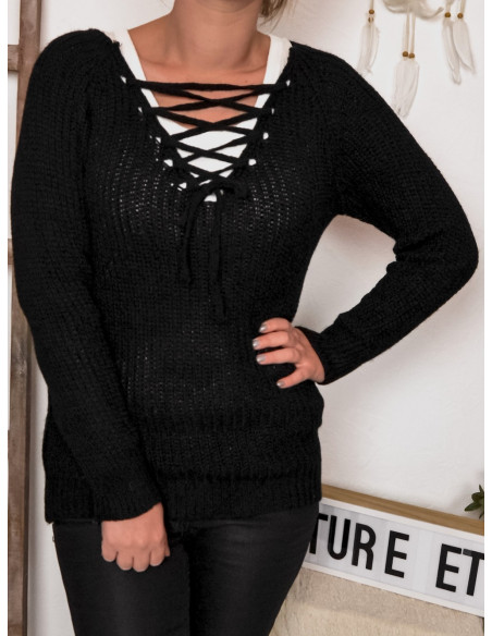 PULL FEMME AVEC LAINE COL V ENCOLURE LACET LACÉ LAÇAGE NOIR MADE IN ITALY PULL HIVER CHAUD FEMME LACET
