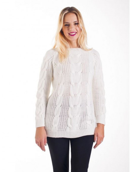 PULL FEMME BLANC AVEC LAINE MOHAIR COL BATEAU HIVER CHAUD TORSADES MAILLE TORSADÉ MADE IN ITALY