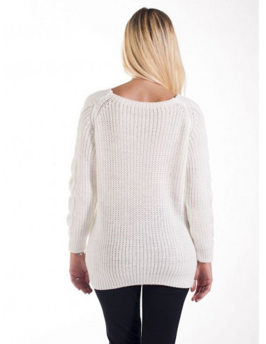 PULL FEMME BLANC AVEC LAINE MOHAIR COL BATEAU HIVER CHAUD TORSADES MAILLE TORSADÉ MADE IN ITALY