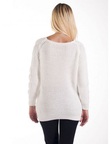 PULL FEMME BLANC AVEC LAINE MOHAIR COL BATEAU HIVER CHAUD TORSADES MAILLE TORSADÉ MADE IN ITALY