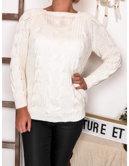 PULL FEMME BLANC AVEC LAINE MOHAIR COL BATEAU HIVER CHAUD TORSADES MAILLE TORSADÉ MADE IN ITALY