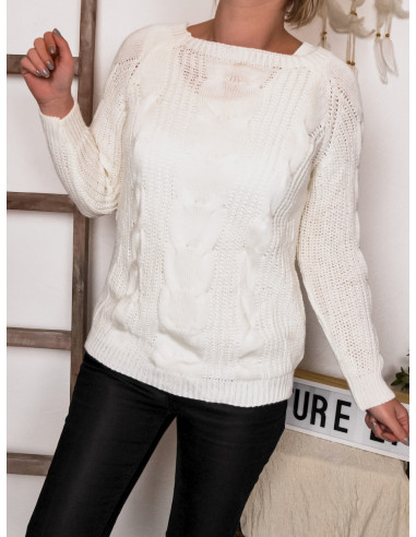 PULL FEMME BLANC AVEC LAINE MOHAIR COL BATEAU HIVER CHAUD TORSADES MAILLE TORSADÉ MADE IN ITALY