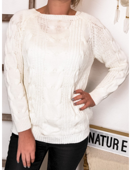 PULL FEMME BLANC AVEC LAINE MOHAIR COL BATEAU HIVER CHAUD TORSADES MAILLE TORSADÉ MADE IN ITALY