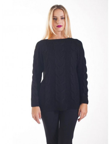 PULL FEMME NOIR AVEC LAINE MOHAIR COL BATEAU HIVER CHAUD TORSADES MAILLE TORSADÉ MADE IN ITALY