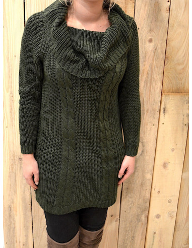 Robe pull laine et mohair femme kaki col roulé large maille hiver torsade robe chaude courte