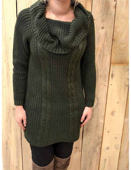 Robe pull laine et mohair femme kaki col roulé large maille hiver torsade robe chaude courte