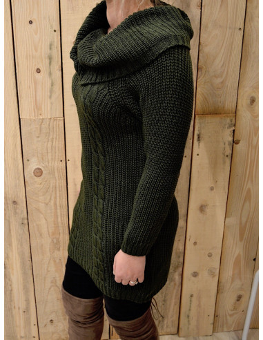 Robe pull laine et mohair femme kaki col roulé large maille hiver torsade robe chaude courte