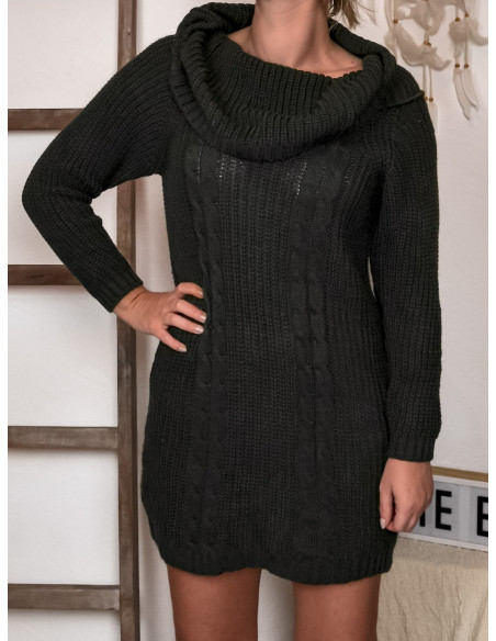 Robe pull laine et mohair femme kaki col roulé large maille hiver torsade robe chaude courte