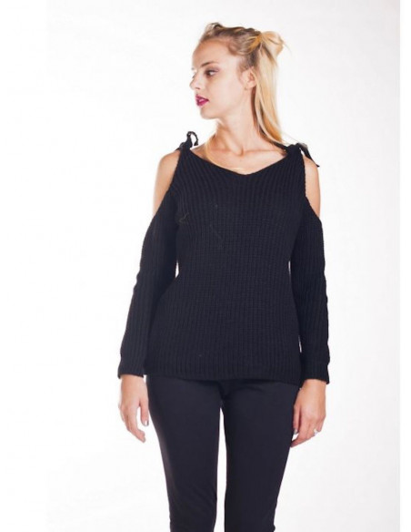 pull épaule denudée pour femme noir avec laine et mohair pull hiver épaule nue ouverte bretelle a nouer en maille made in italy pull épaule denudée pour femme noir avec laine et mohair pull hiver épaule nue ouverte bretelle a nouer en maille made in italy