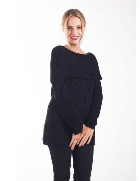 PULL POUR FEMME NOIR COL BOULE TOMBANT AVEC LACET LAÇAGE EPAULES NUES MADE IN ITALY