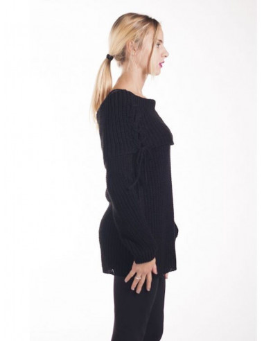 PULL POUR FEMME NOIR COL BOULE TOMBANT AVEC LACET LAÇAGE EPAULES NUES MADE IN ITALY