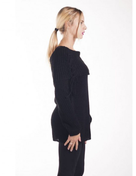 PULL POUR FEMME NOIR COL BOULE TOMBANT AVEC LACET LAÇAGE EPAULES NUES MADE IN ITALY